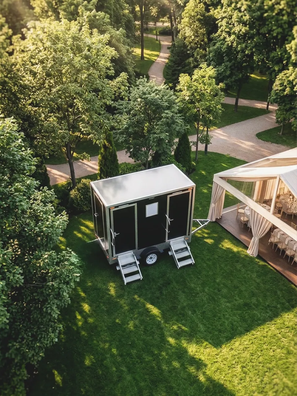 Overhead view of a restroom trailer in a garden setting